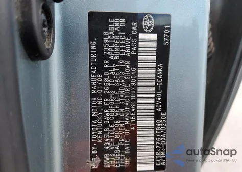 2008 Toyota Camry Ce из США, поврежденный, VIN 4T1BE46K18U790046